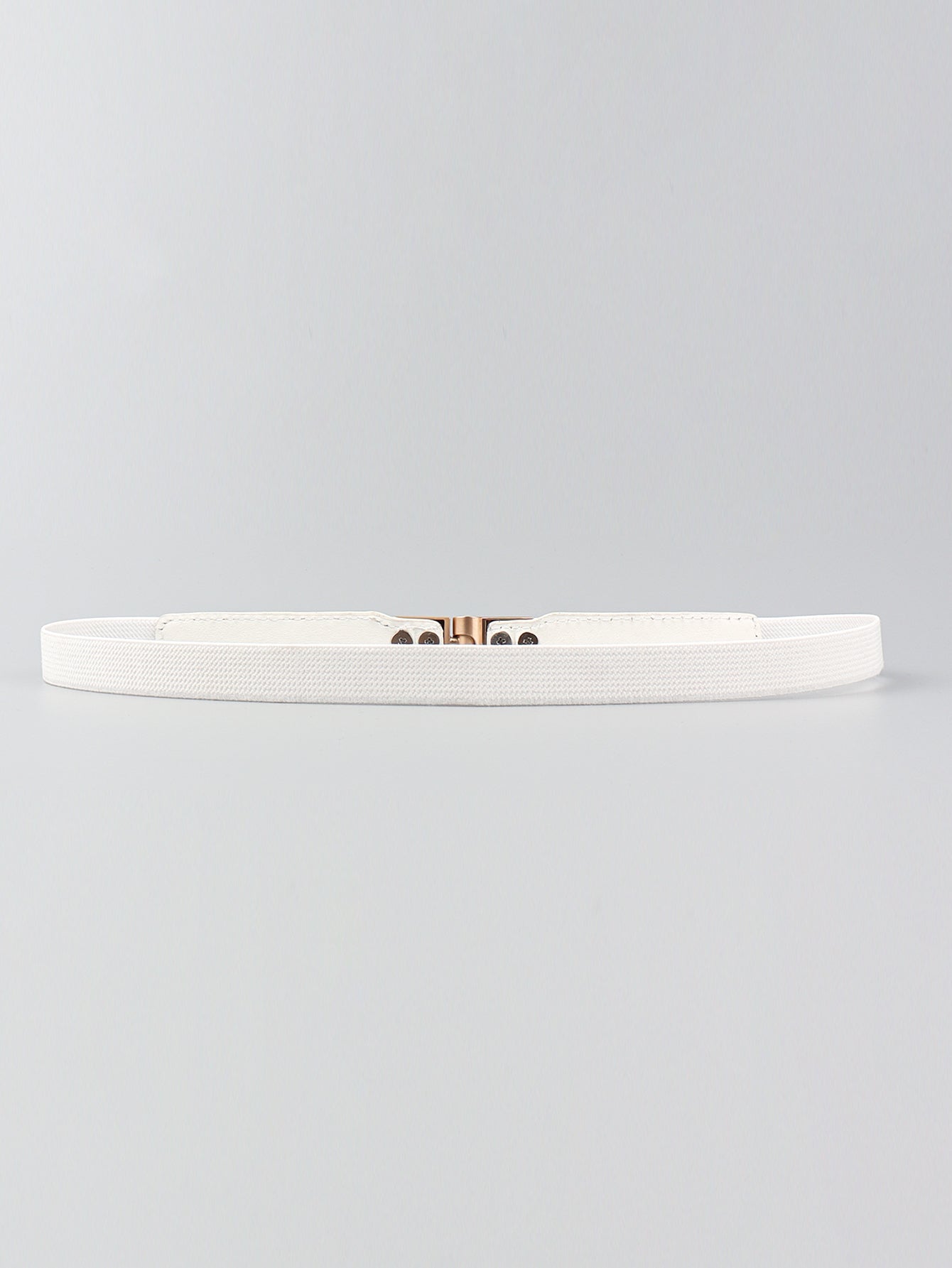 Elastic vegan leather skinny belt, white with rose-gold buckle and metal plate
