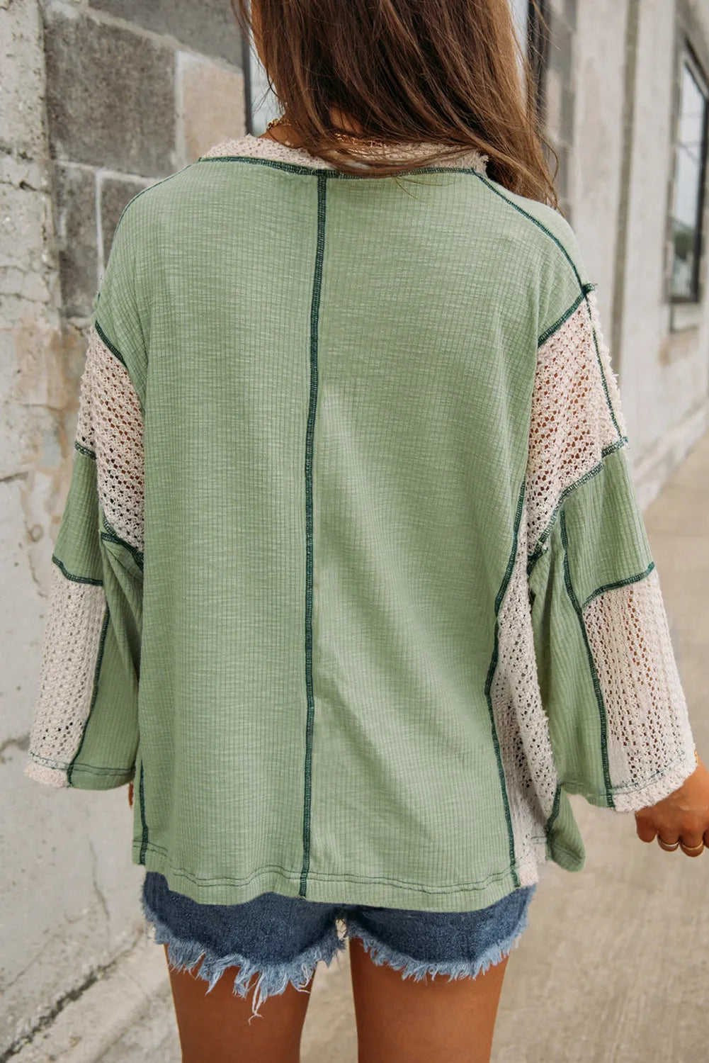 Gum Leaf lace trim contrast V-neck long sleeve blouse, back view with vertical seam