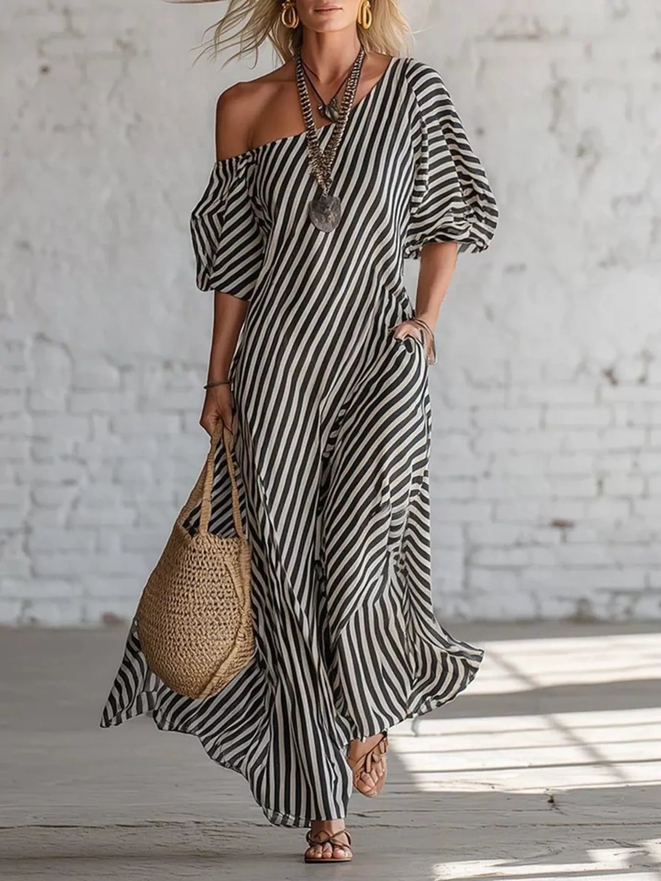 Cedar & Moore Striped one-shoulder plus-size maxi dress, black and white, casual style
