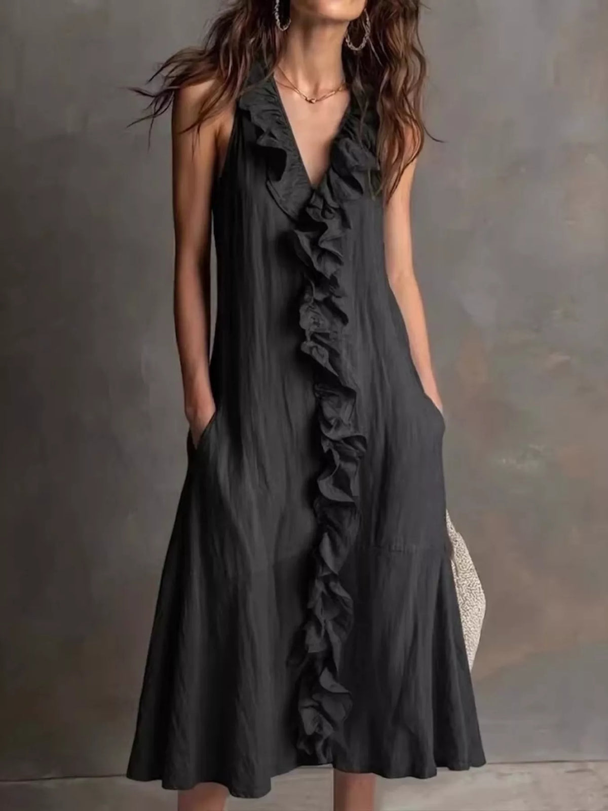 Black sleeveless V-neck ruffle midi dress with tiered ruffle front