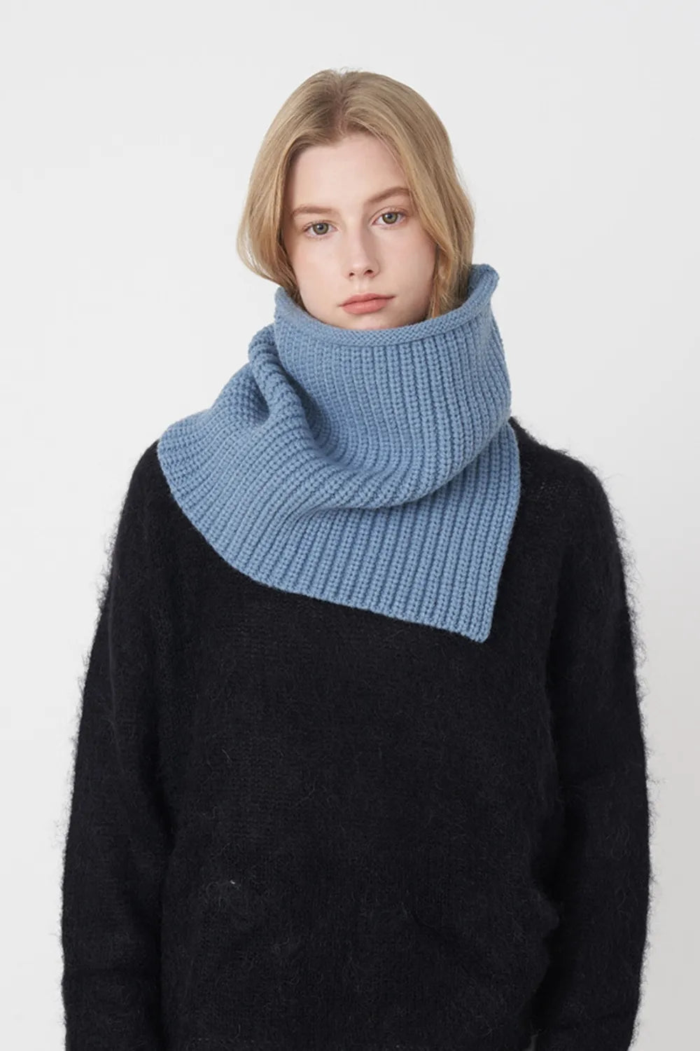 Sky blue ribbed knit pullover scarf with folded cowl at the neck