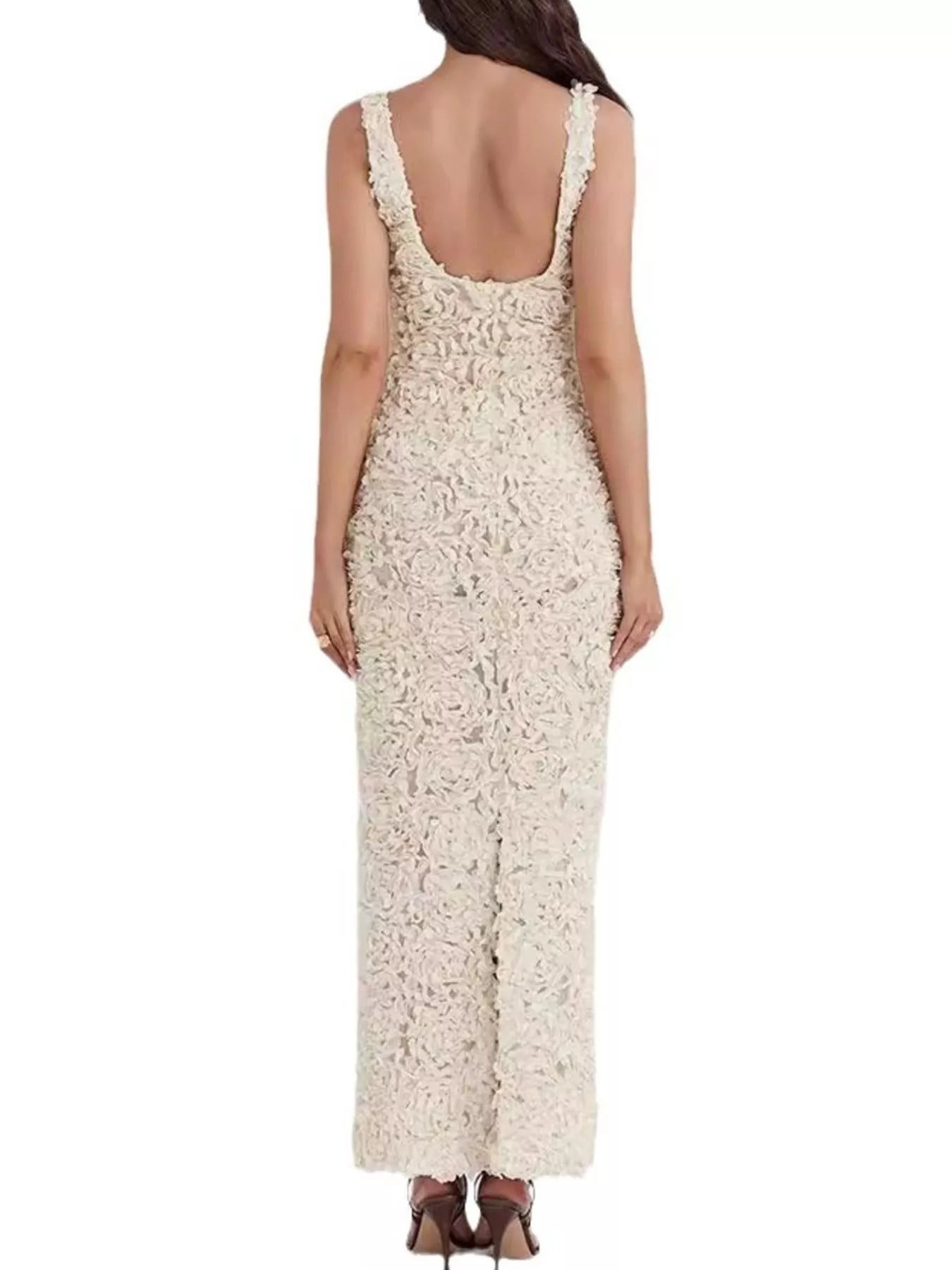 Cedar & Moore Floral Applique Deep V-Neck Maxi Dress, beige lace, back with zipper
