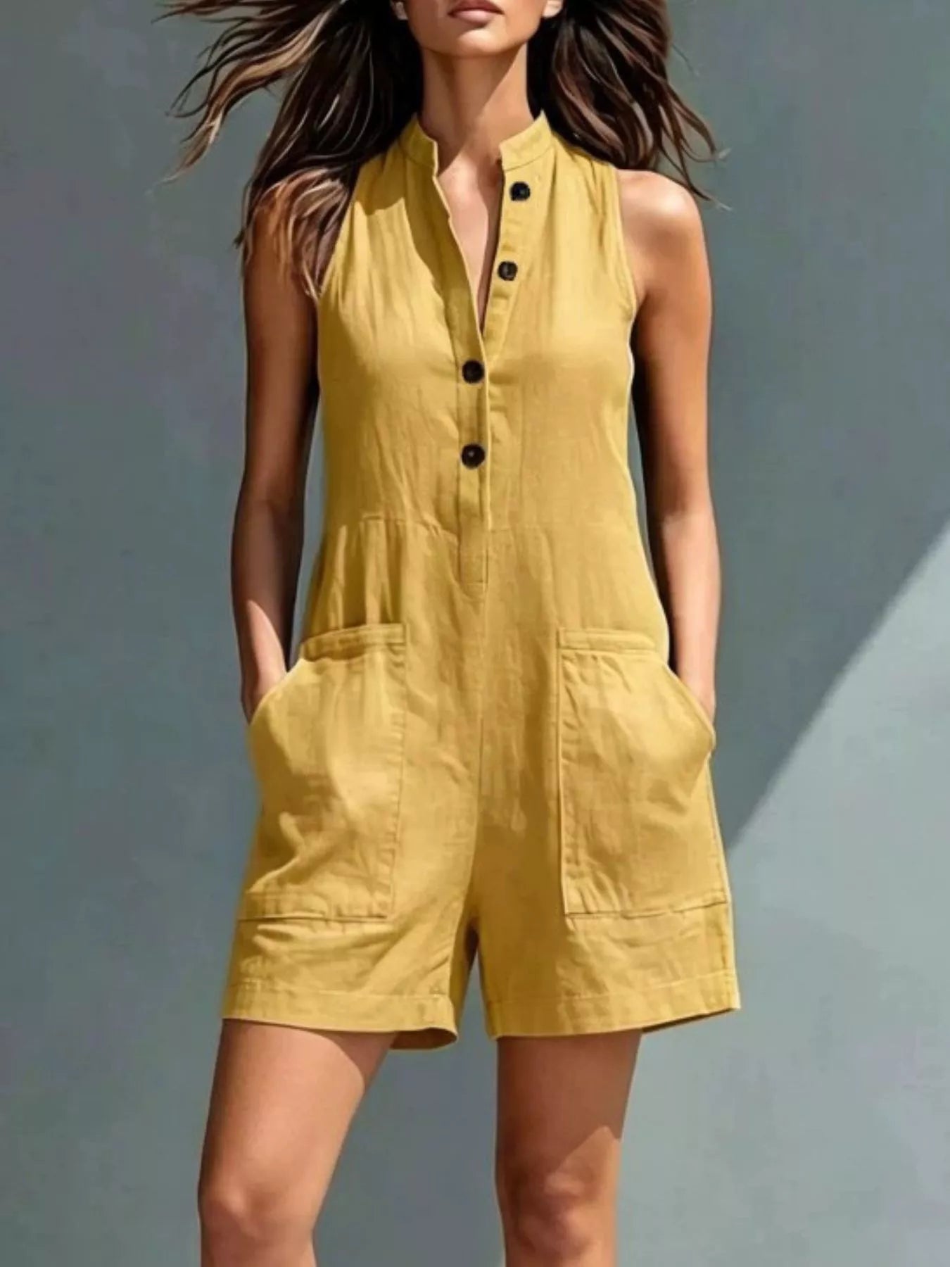 Mustard sleeveless button-front romper with chest pockets and snap buttons