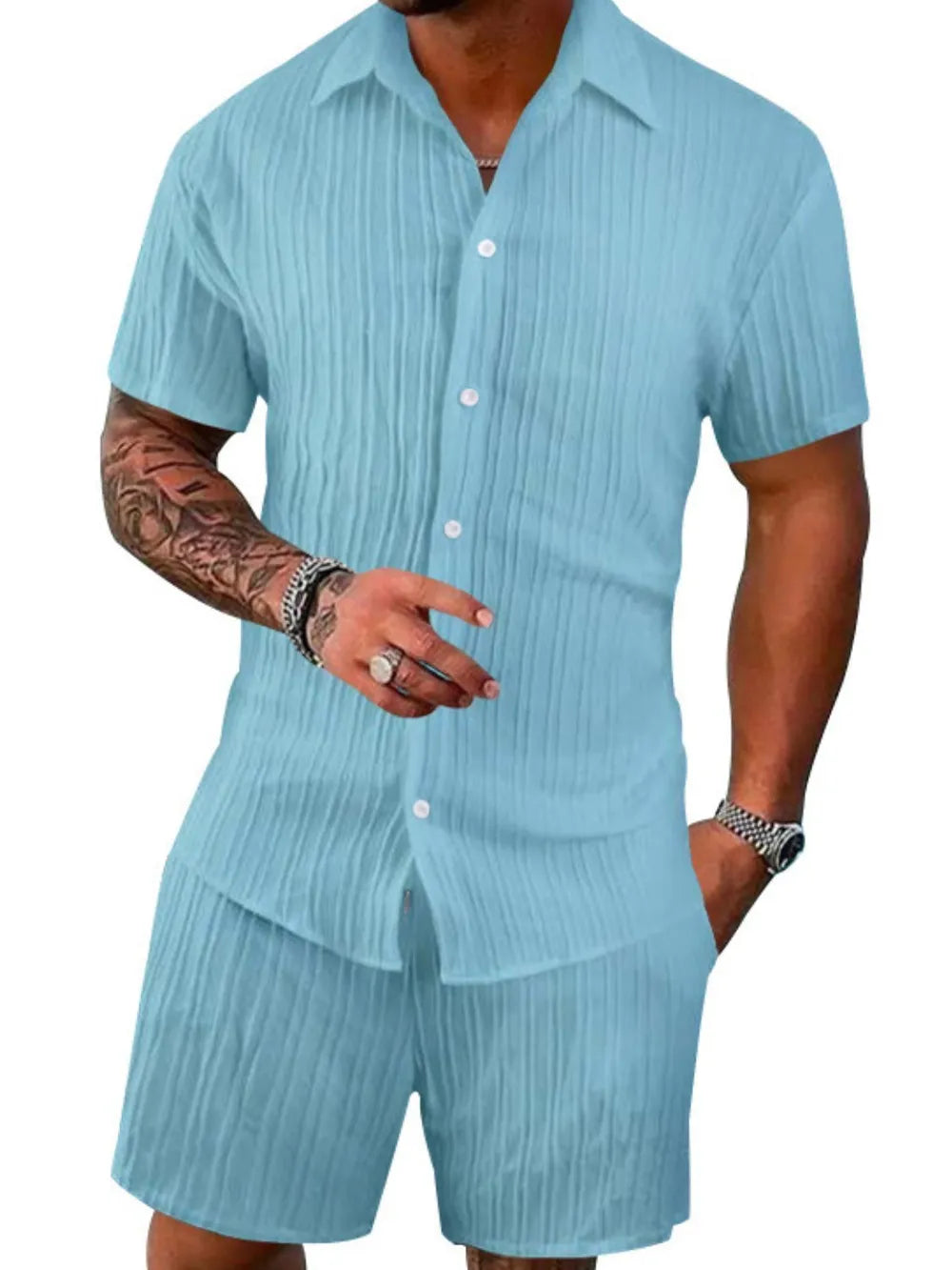 Men's short sleeve button-down shirt and shorts set, pastel blue striped texture