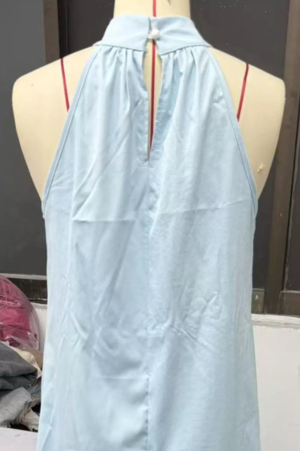 Cedar & Moore Halter Neck Sleeveless Maxi Dress in light blue with back keyhole opening