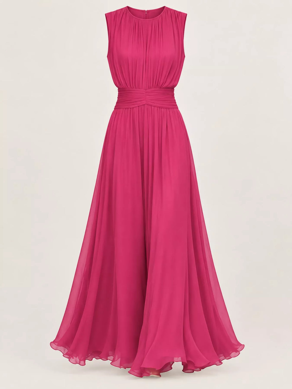 Pink sleeveless ruched chiffon maxi dress, pleated skirt and gathered waist
