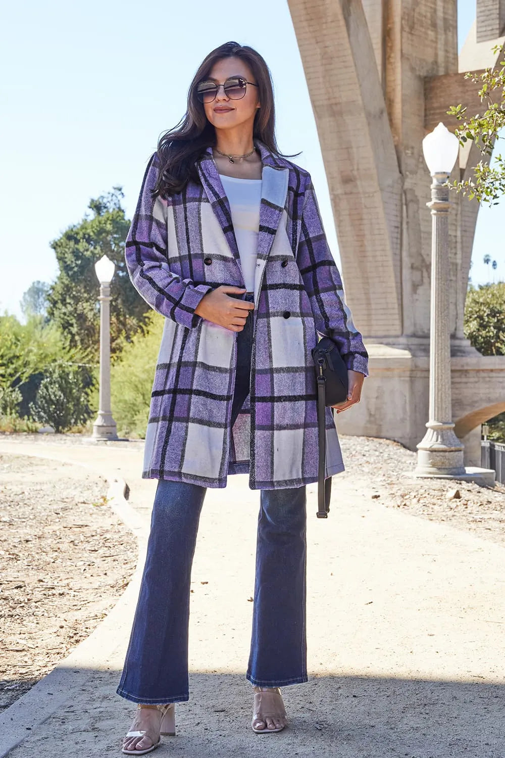 Plaid button-up coat with lapel collar in purple and white, long sleeves