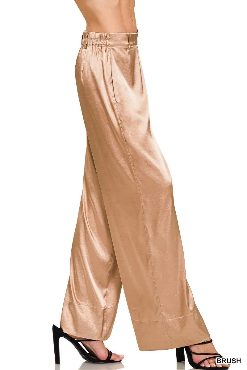 Satin wide-leg pants with elastic waist and wide legs, brush nude