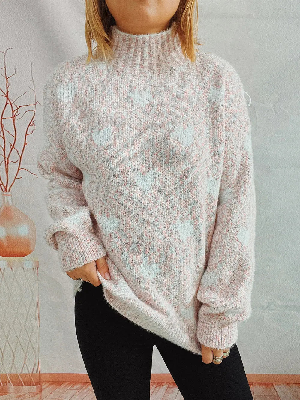 Light heather knit turtleneck sweater with drop shoulders and ribbed hem