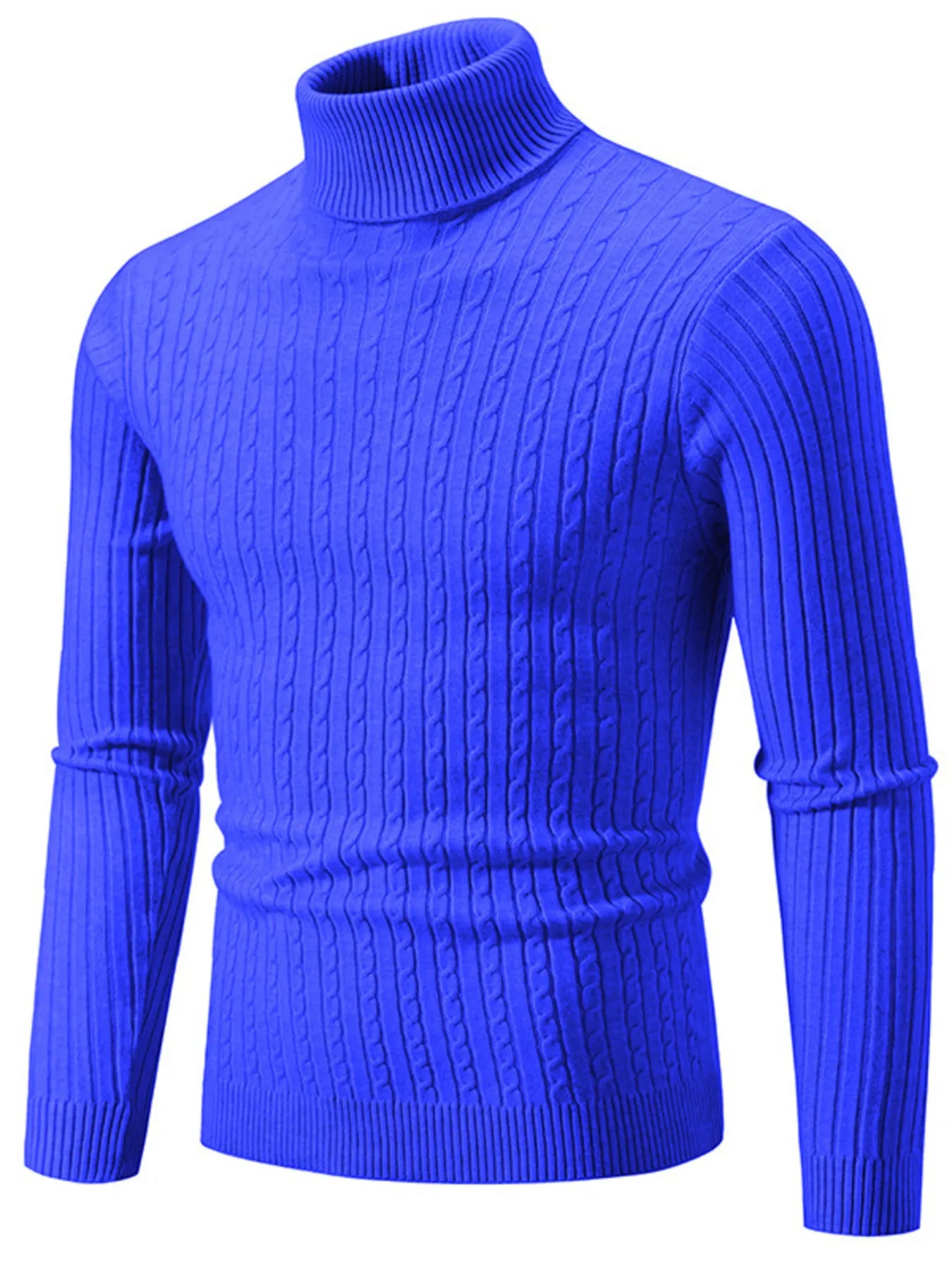 Men's plus size ribbed turtleneck sweater in royal blue, long sleeves, ribbed knit texture.