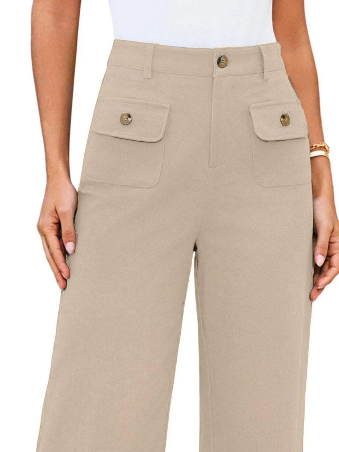 Beige high-waist wide-leg pants with flap pockets and center button