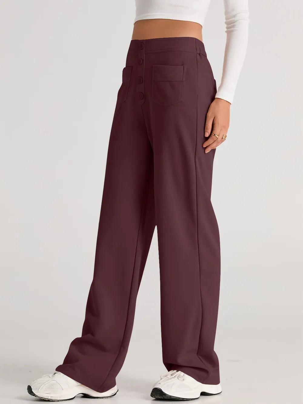 Deep purple high-waist wide-leg pants with button-front and side pockets