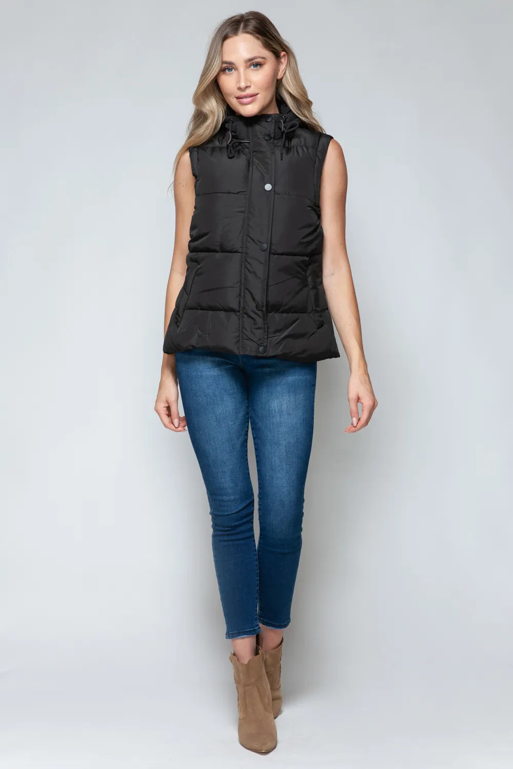 Black zip-front hooded puffer vest, straight front view