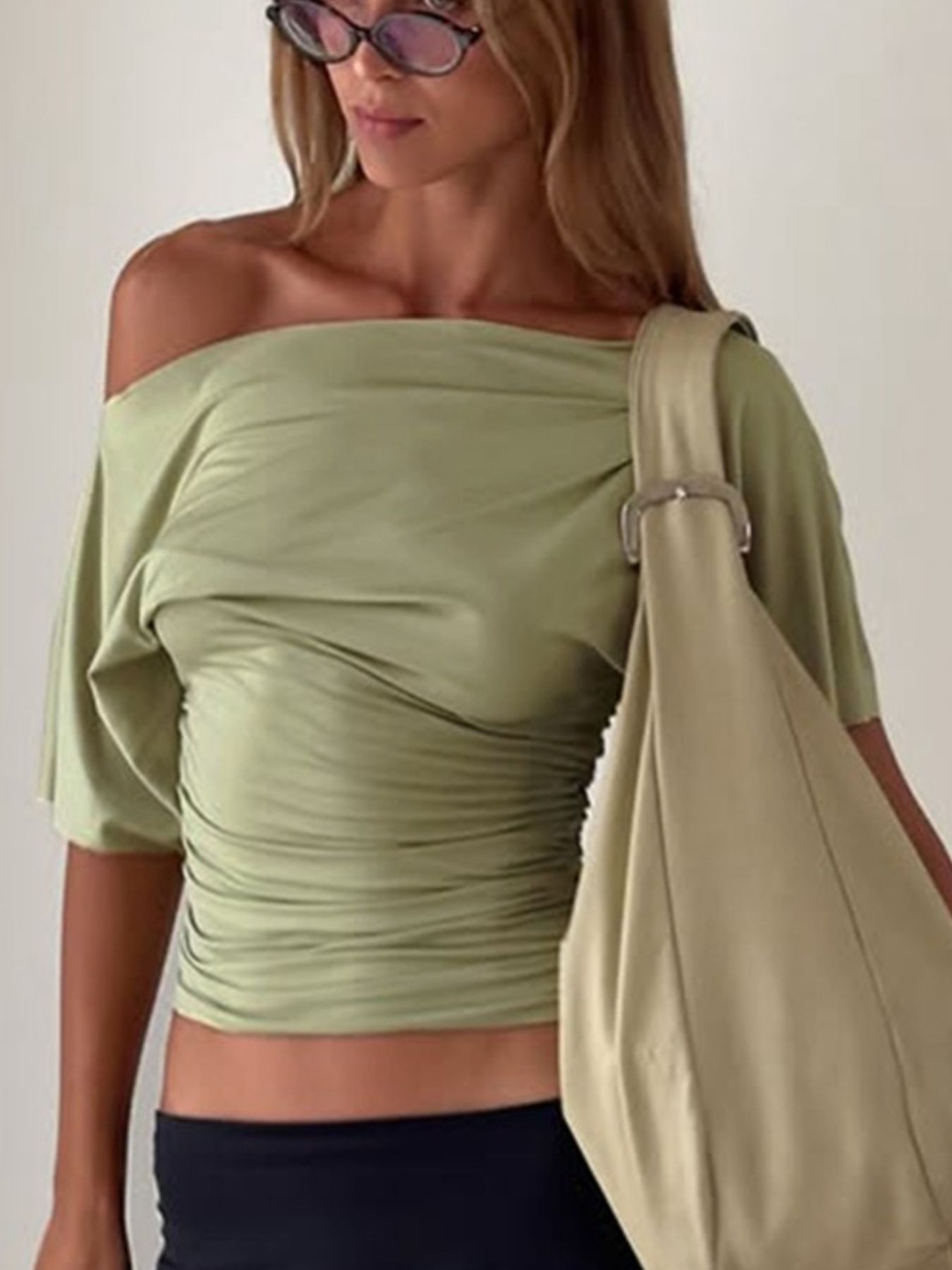 Cedar & Moore One Shoulder Short Sleeve Ruched T-Shirt in sage green by Trendsi