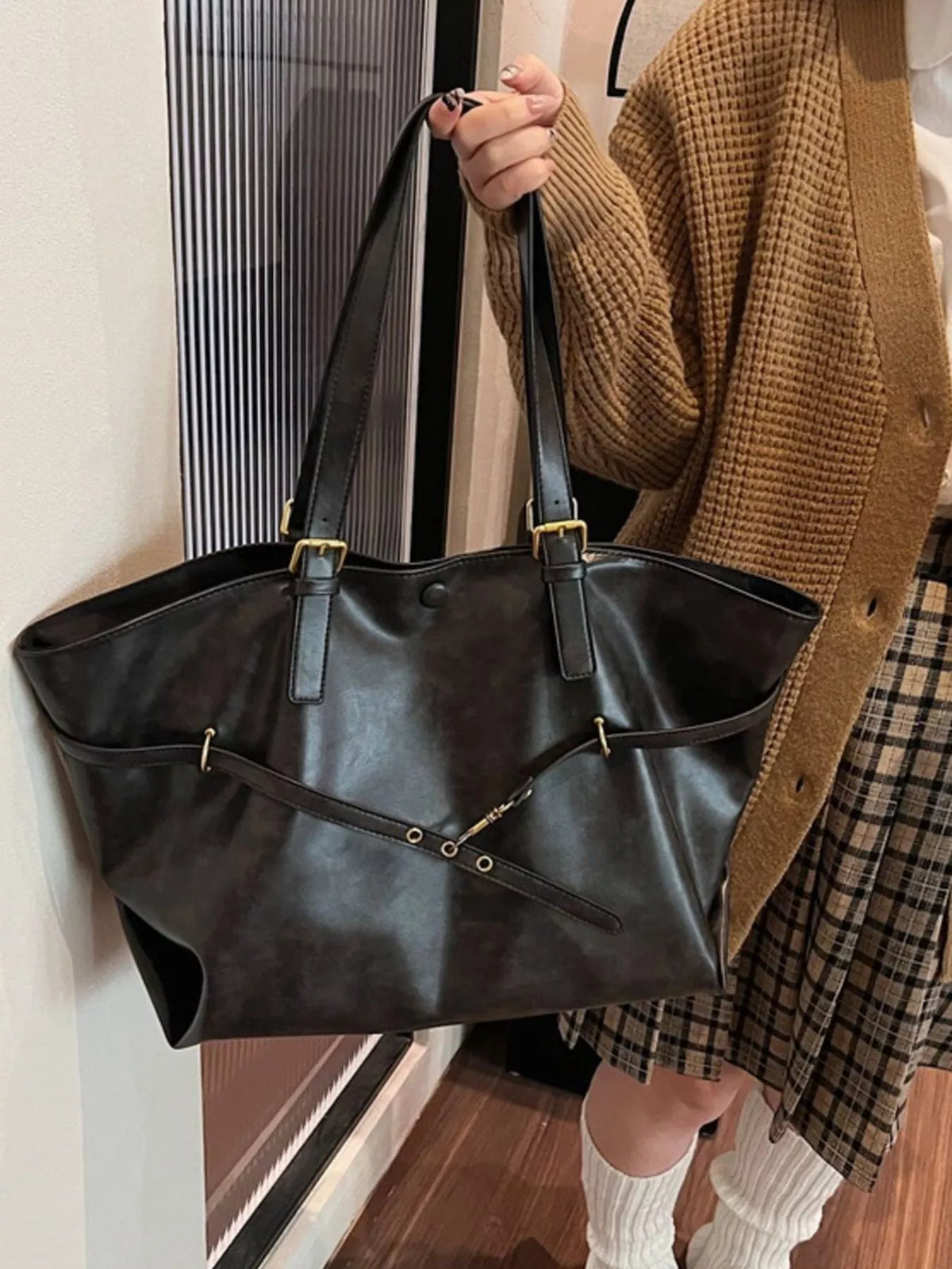 Large vegan leather tote bag, black, wide strap handles, metal accents