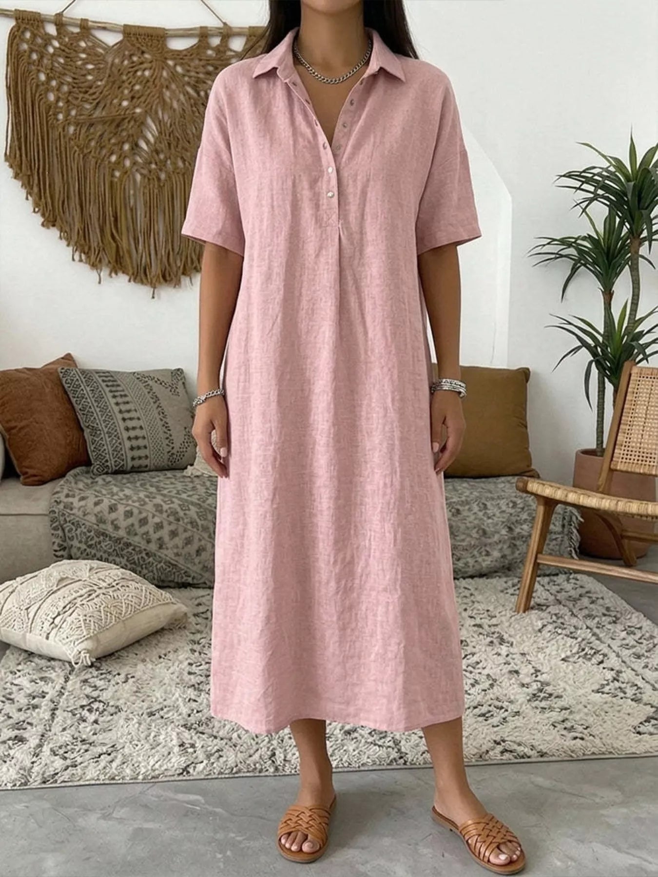 Pink button-detail half-sleeve dress, midi length with front placket