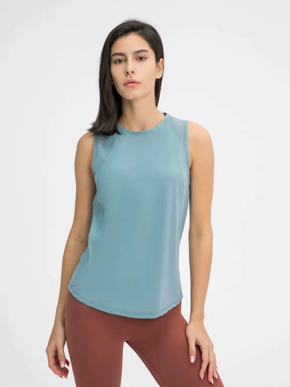 Teal active tank top with draped front and sleeveless design