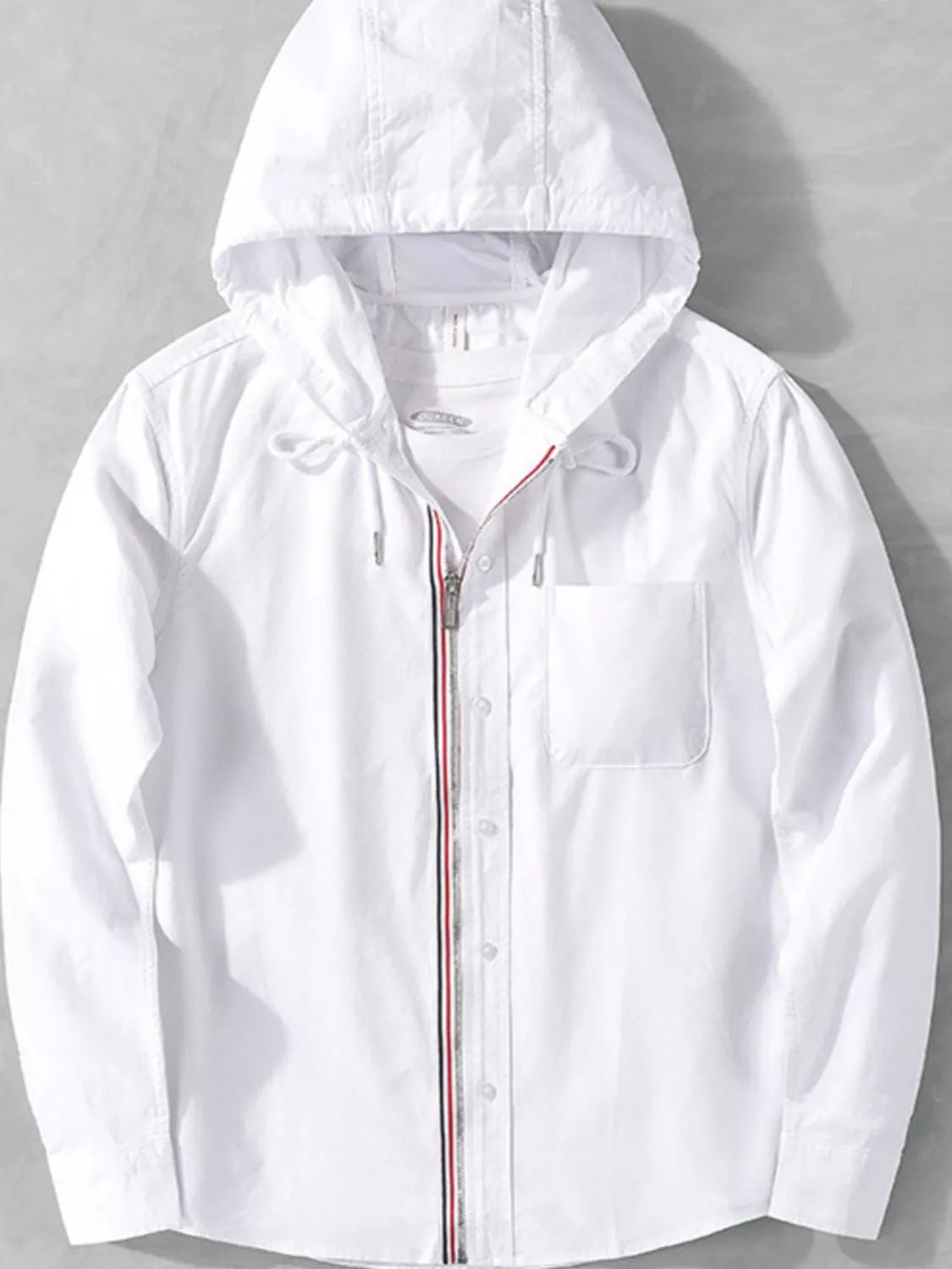 White hooded button-up shacket with chest pocket and multicolor zipper trim