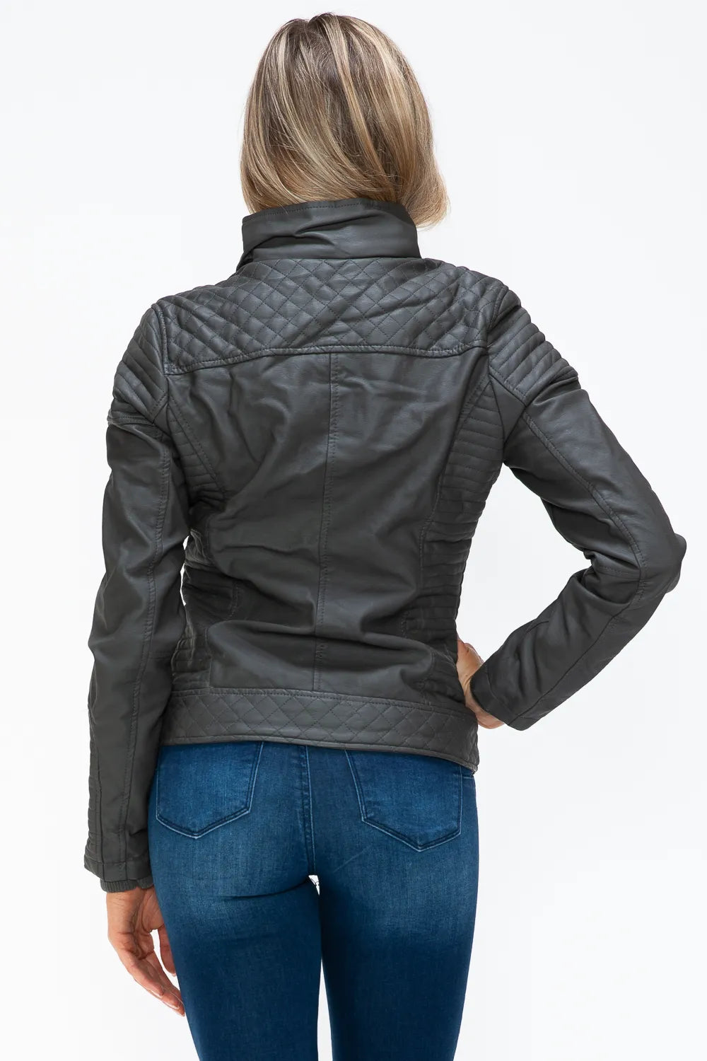 Charcoal quilted double-zip jacket, back view with stand collar and seam lines