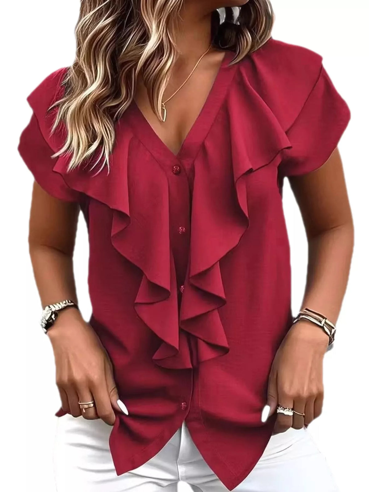 Burgundy V-neck button blouse with layered ruffle trim