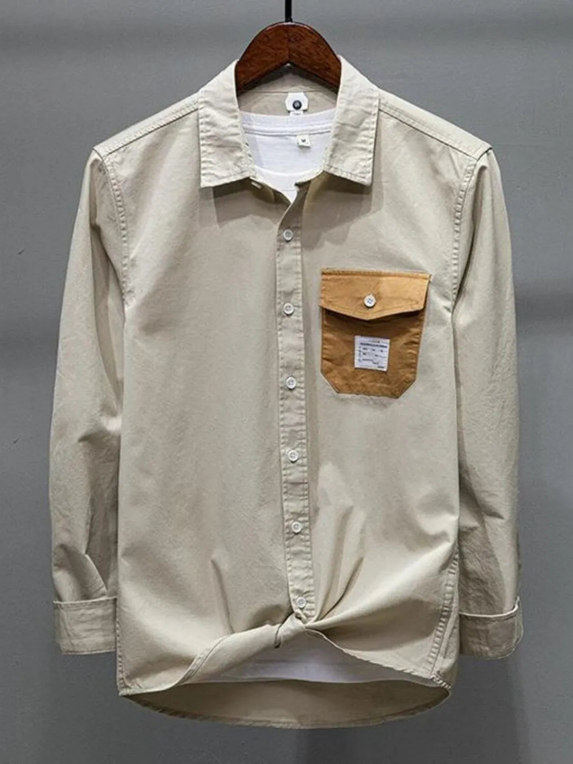 Men's plus size button-up long sleeve shirt, light beige with chest pocket and buttons