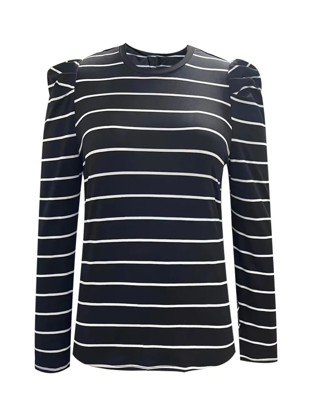 Black-and-white striped round-neck long-sleeve puff t-shirt, front view