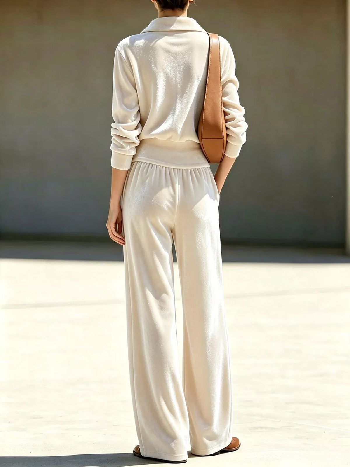 Cream half-zip sweatshirt and wide-leg lounge pants set, back view