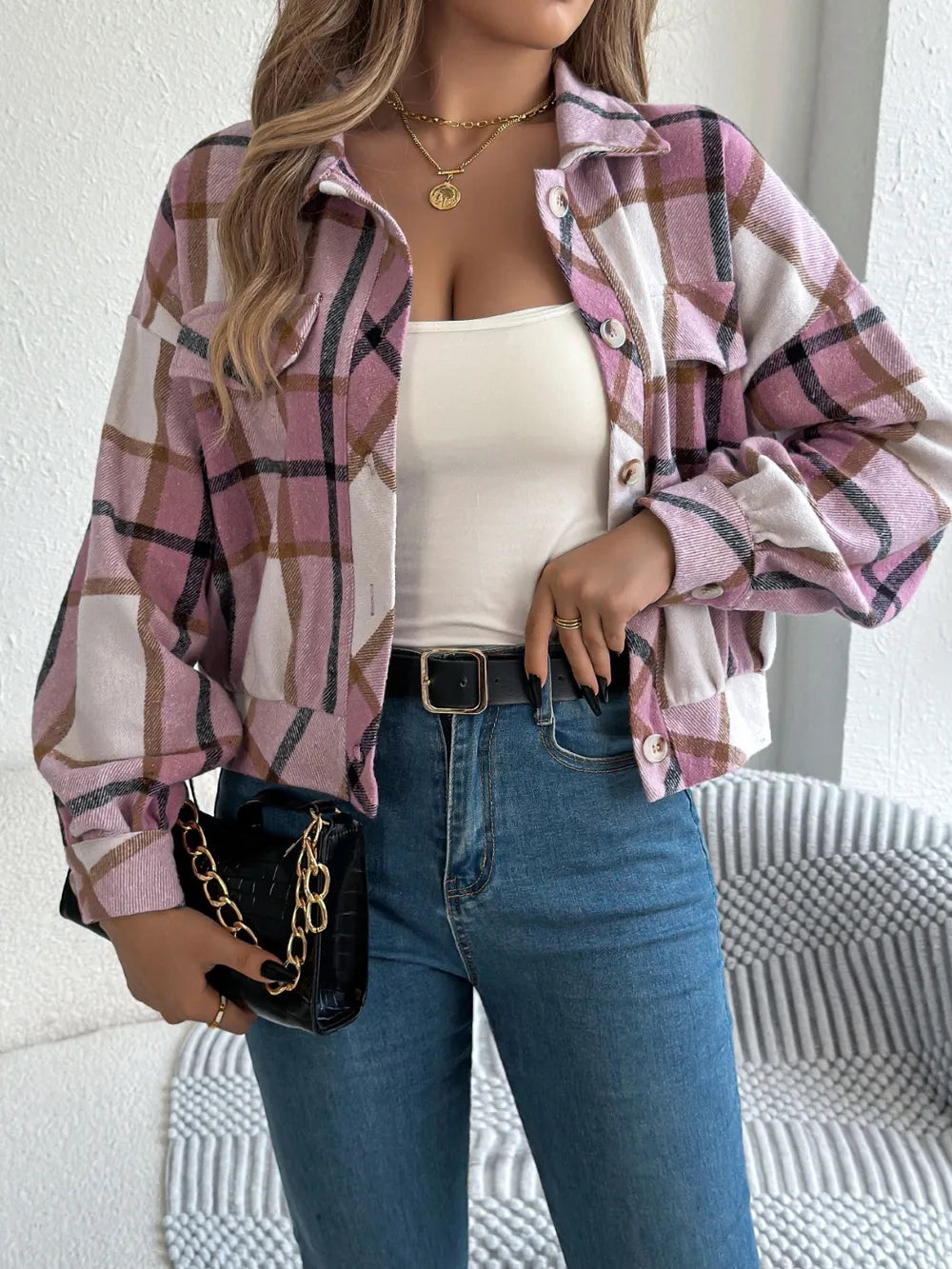 Pink plaid button-up long sleeve jacket with snap front and chest pockets