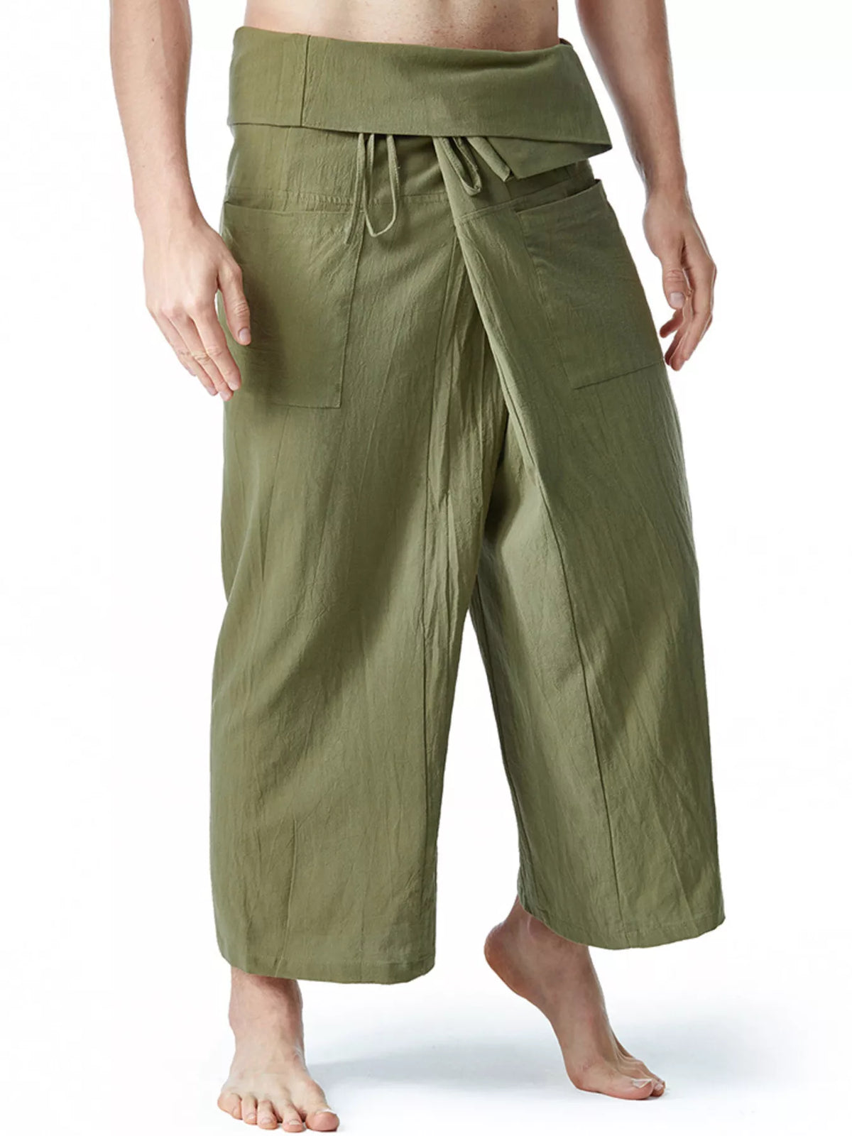 Army green loose-fit drawstring pants with elastic waistband and side pockets