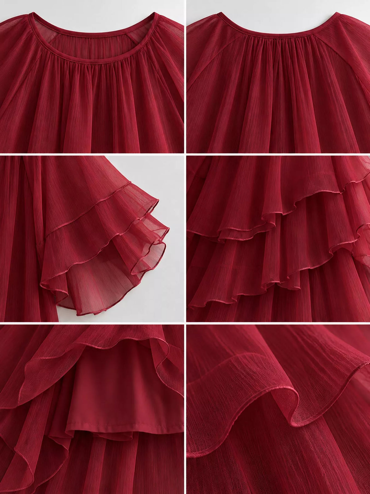 Burgundy ruffled maxi dress close-up of tiered layers and gathered neckline