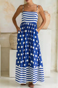 Cedar & Moore Striped blue-and-white polka dot patchwork high-waist spaghetti-strap maxi dress with pockets