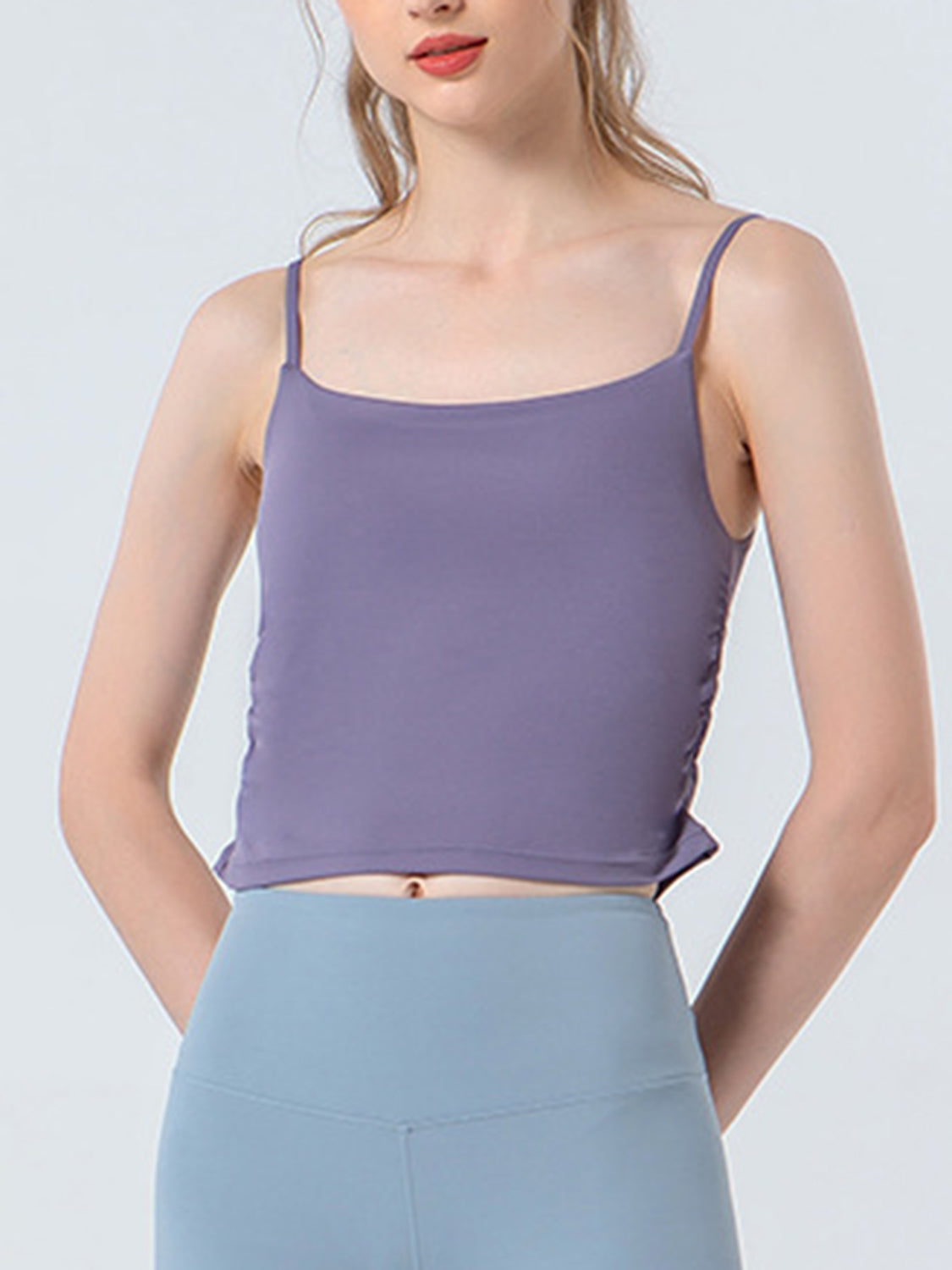Ruched sports cami in lavender with scoop neck and spaghetti straps