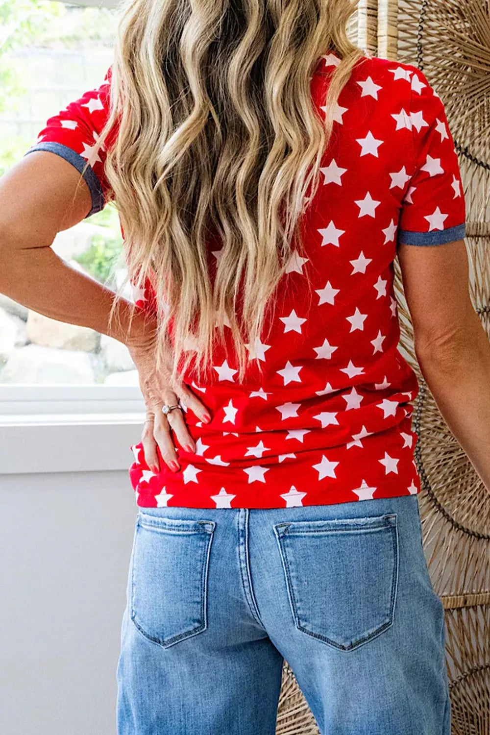 Cedar & Moore Stars print red viscose tunic top with colorblock binding tape collar and blue cuff trim by Trendsi