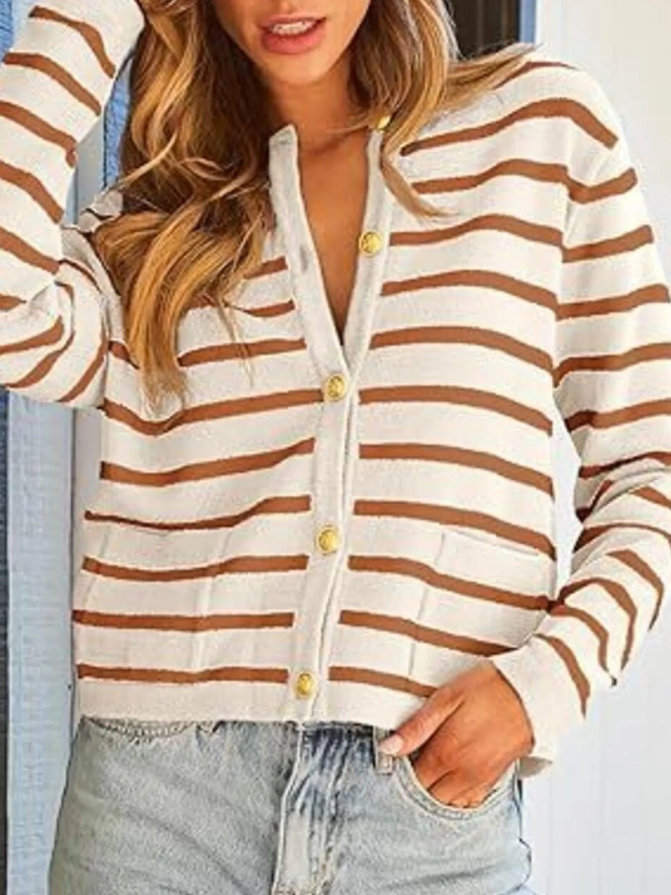 Camel-and-white striped button-up cardigan with long sleeves and gold button front
