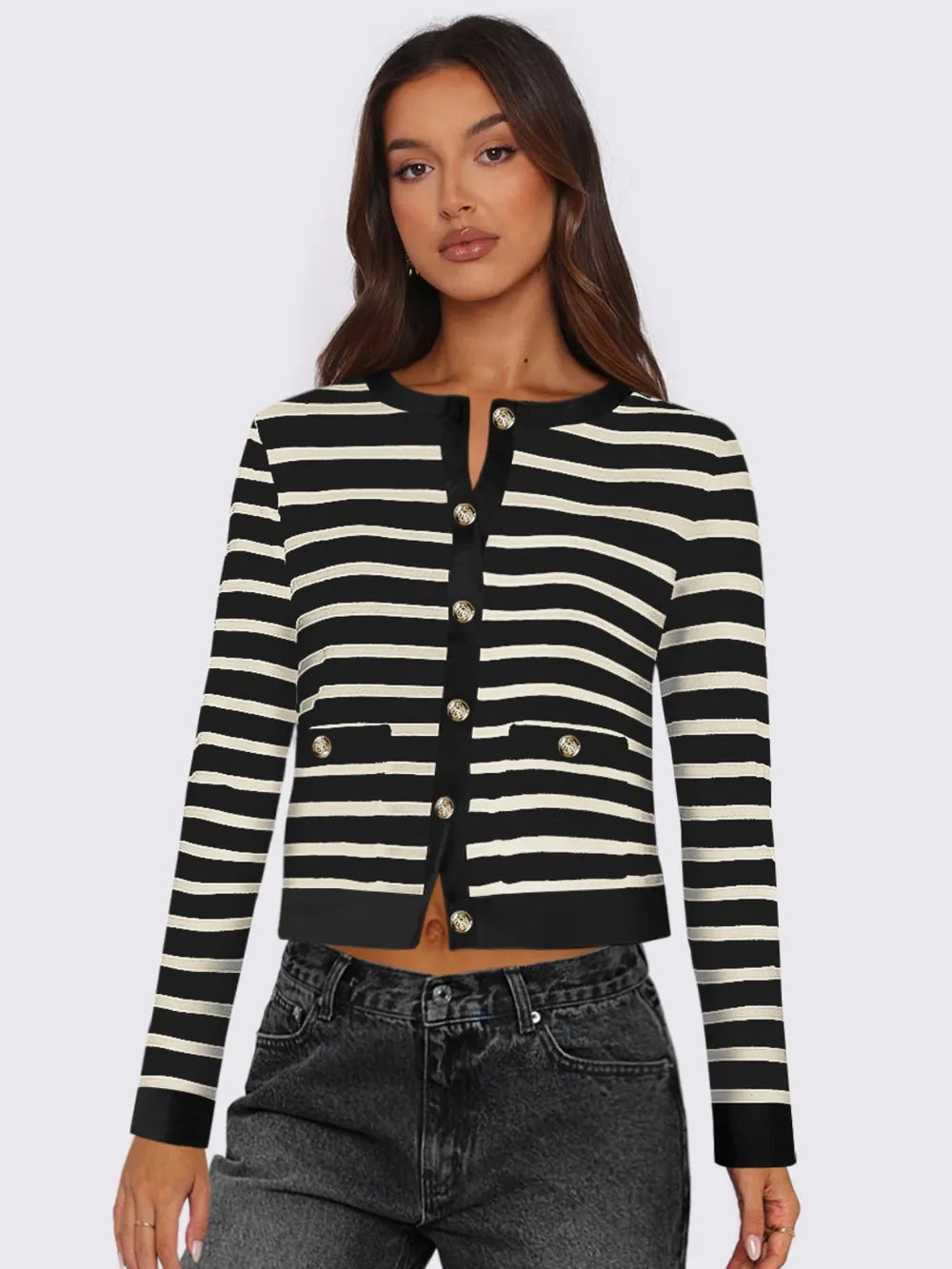 Striped button-up cardigan with round neck and gold-button details, black and white