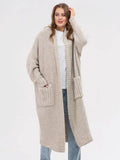 Light khaki longline open-front cardigan with patch pockets and long sleeves