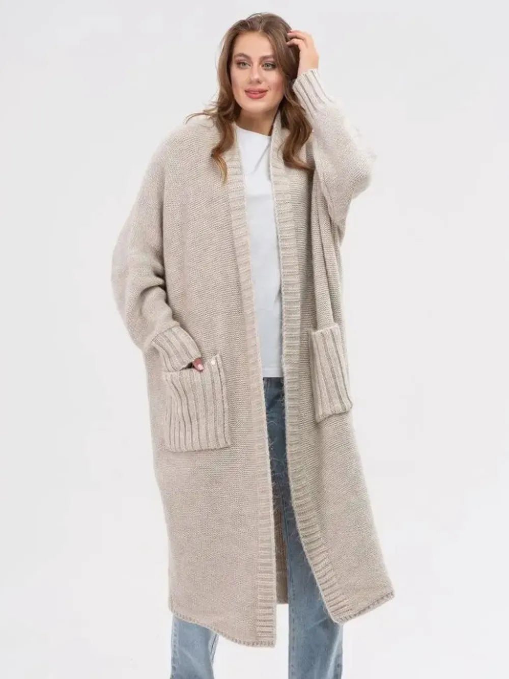 Light khaki longline open-front cardigan with patch pockets and long sleeves