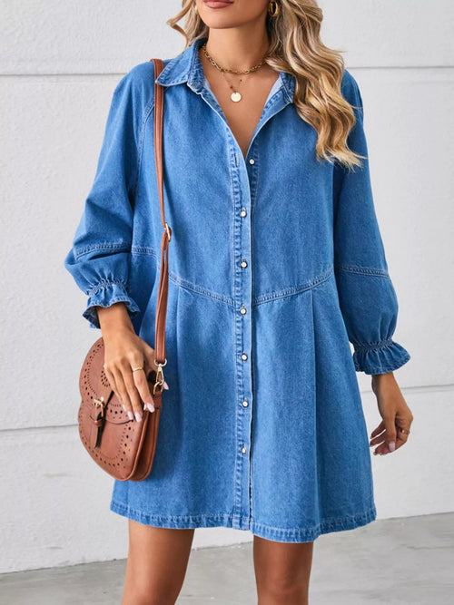 Blue denim button-front ruffle cuff dress with long puff sleeves and elastic cuffs