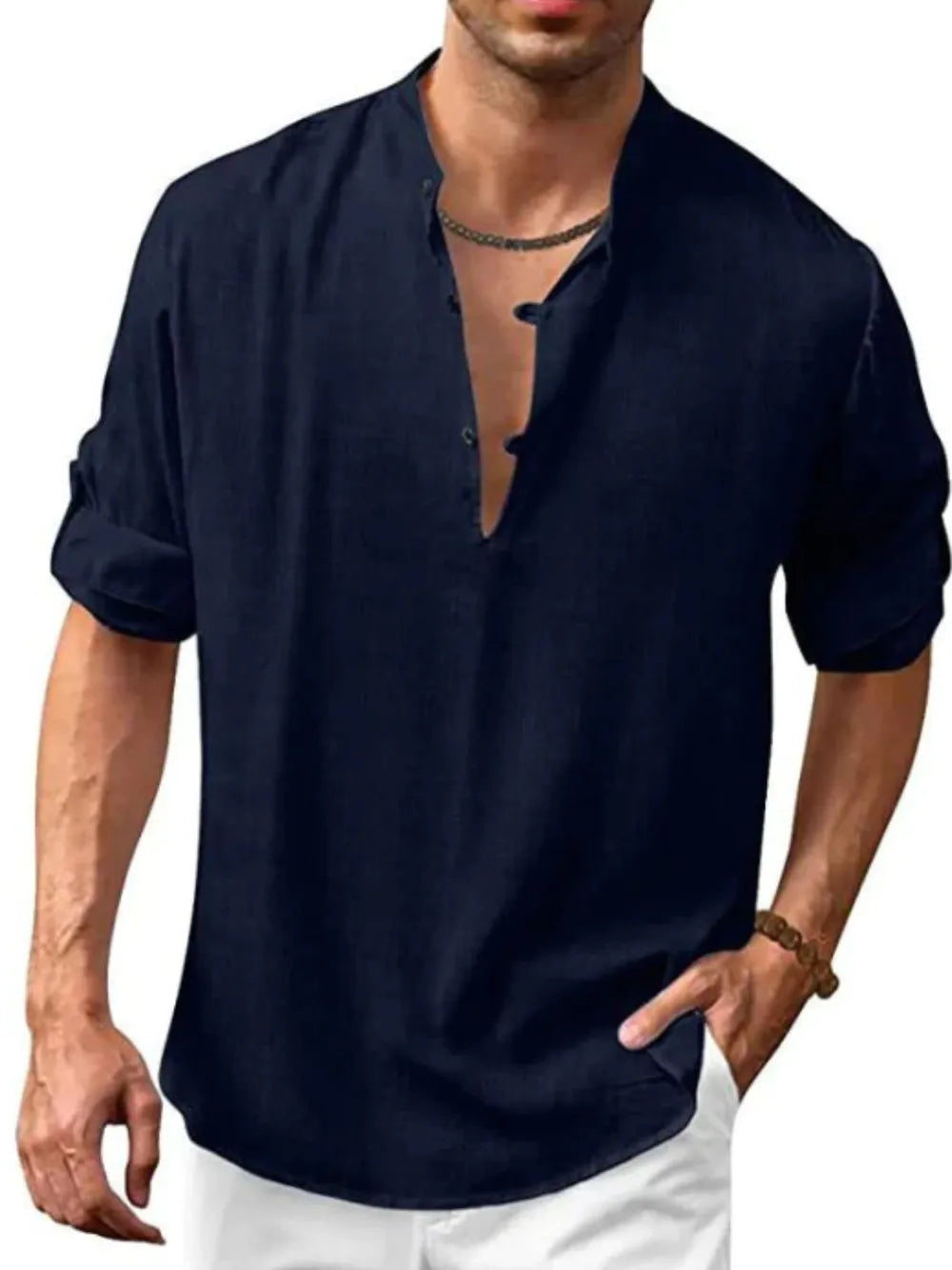 Navy half-button long-sleeve shirt with rolled cuffs