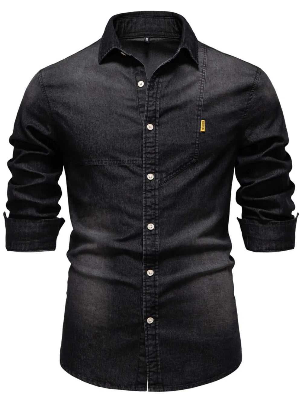 Dark denim button-down shirt with pointed collar, front buttons, and chest pocket