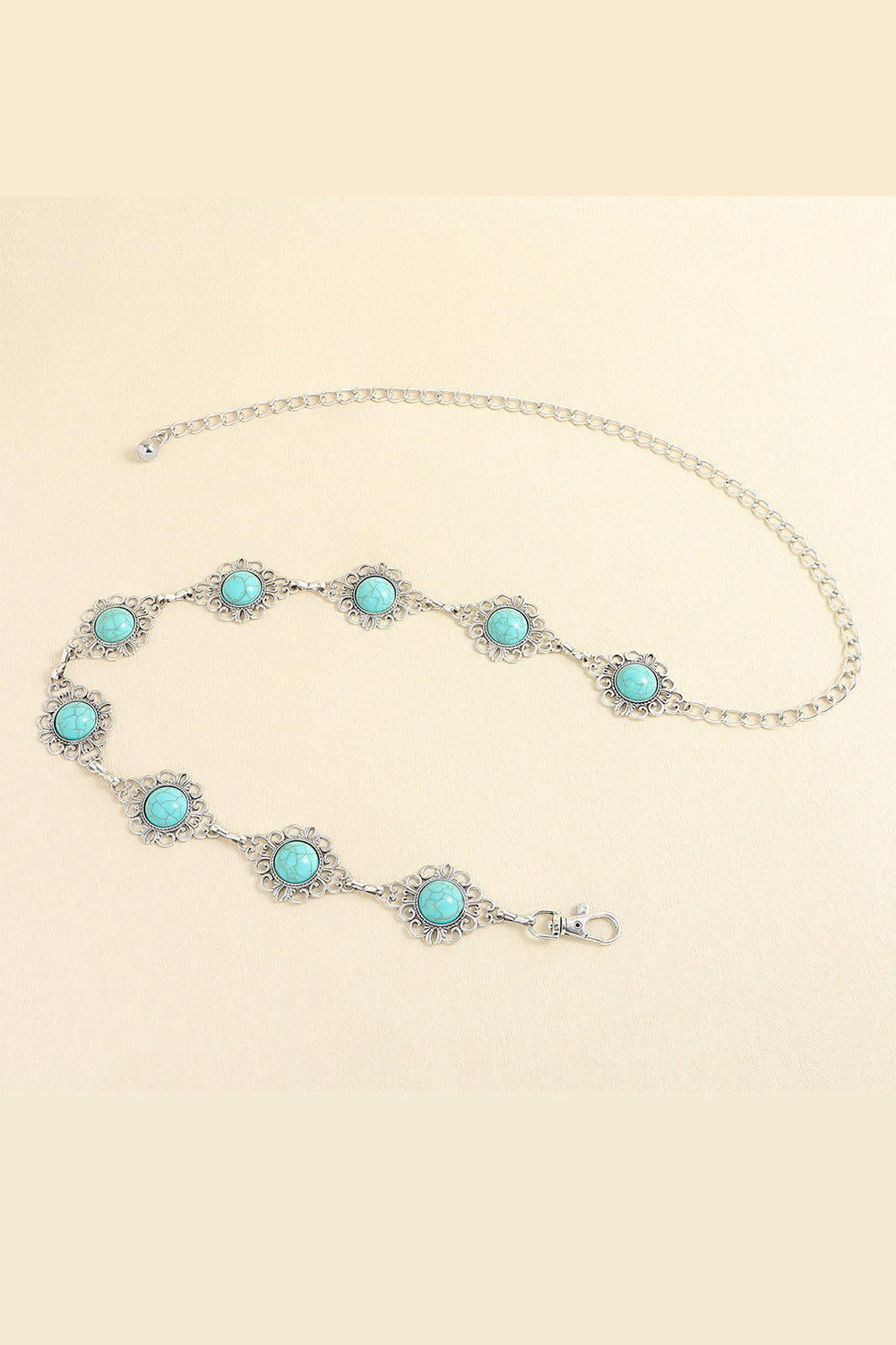 Turquoise bead chain belt with oval cabochon stones and tied clasp end
