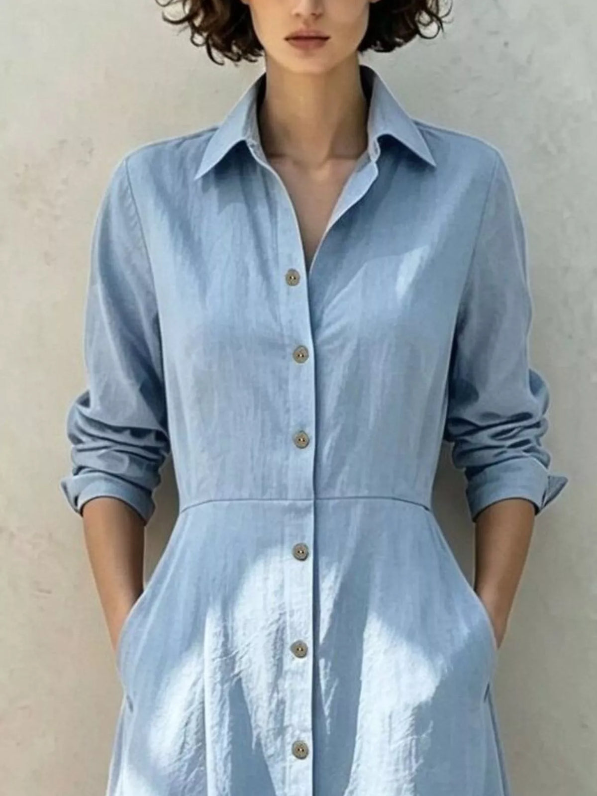 Light blue button-front midi shirt dress with long sleeves and collared neckline