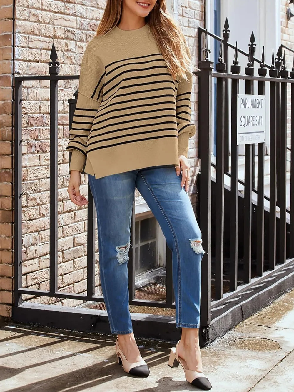 Camel crew-neck long-sleeve sweatshirt with black horizontal stripe panel