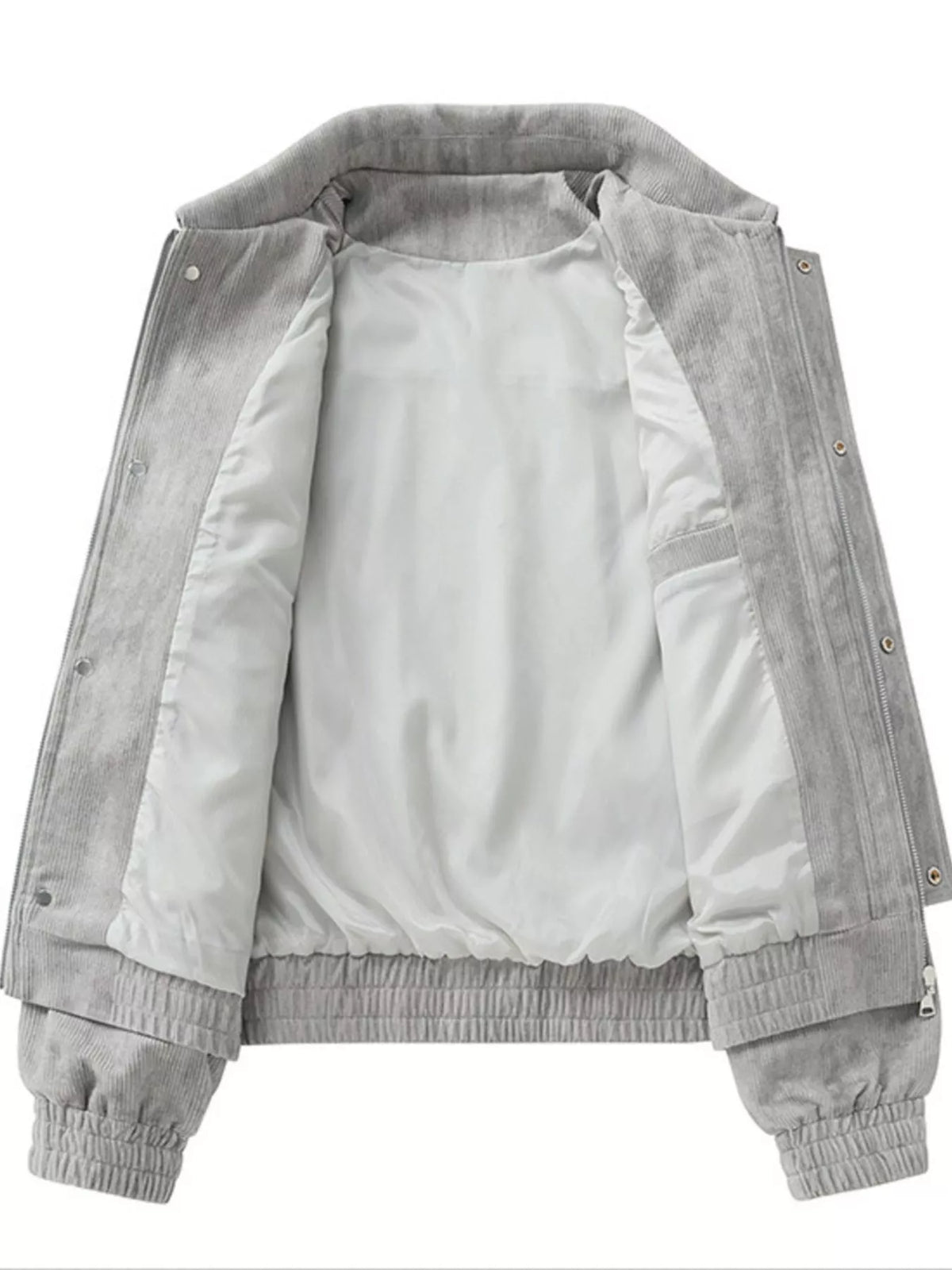 Gray corduroy jacket interior lining with snap buttons and ribbed waistband