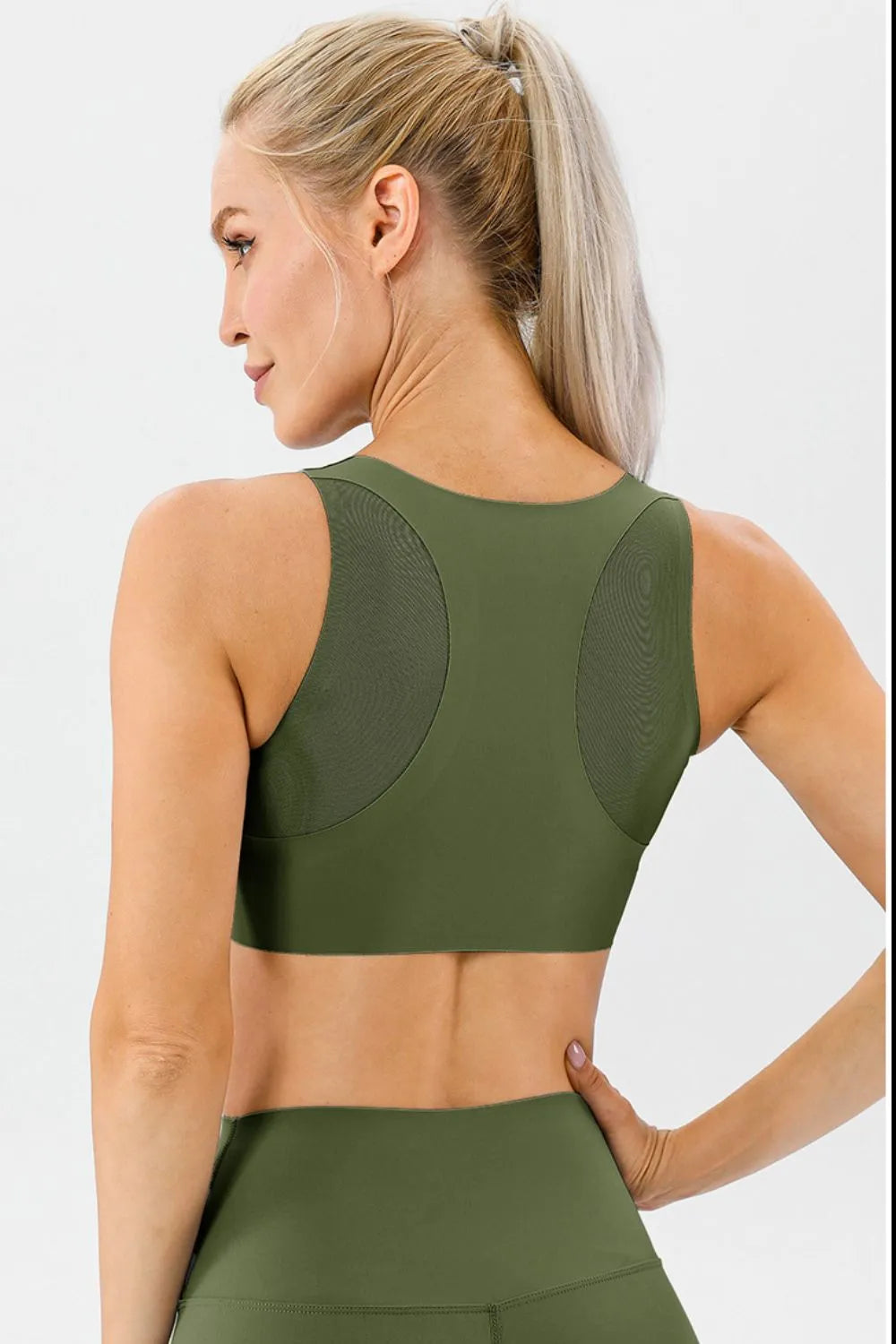 Olive green active bra with round back and wide straps, cropped back view.