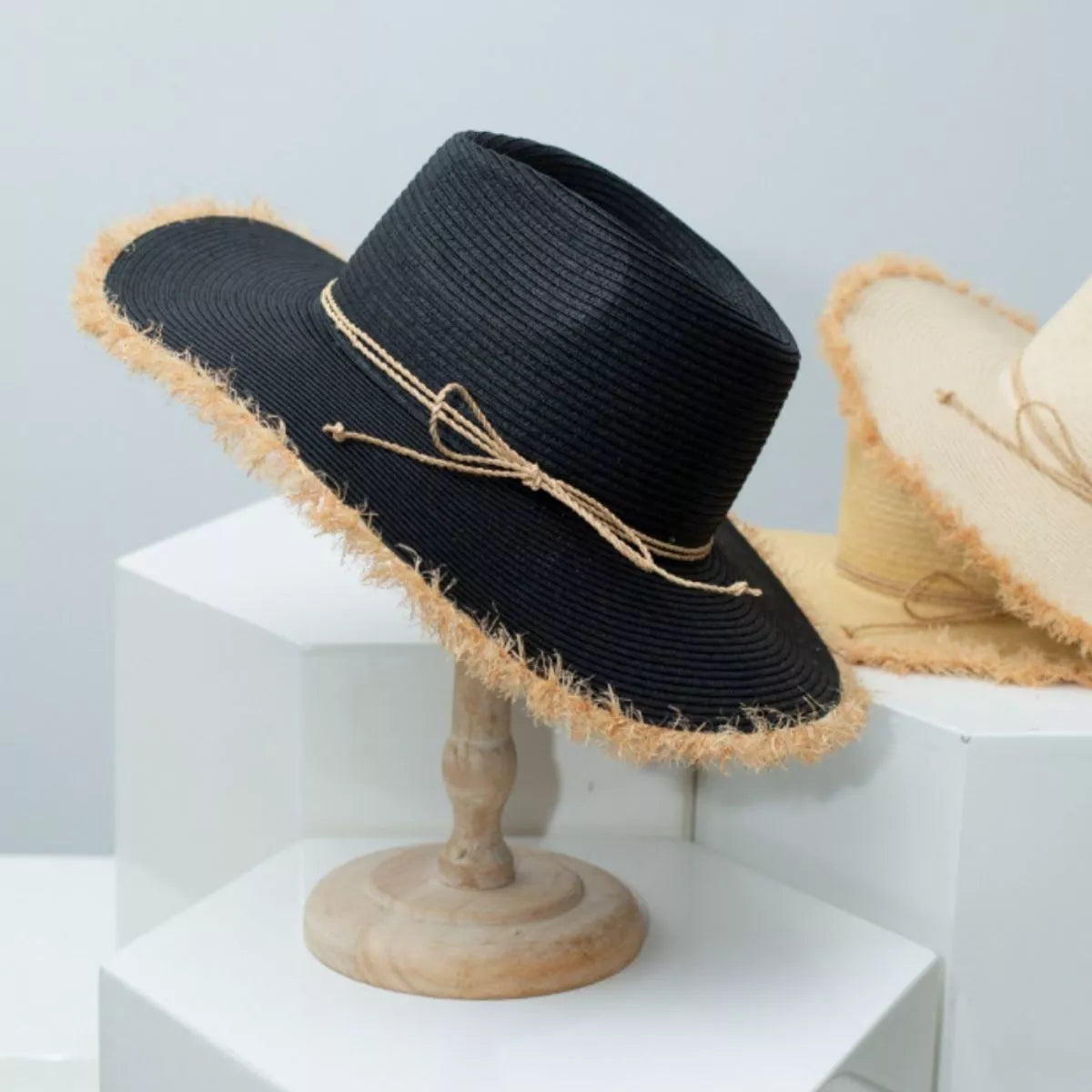 Cedar & Moore Frayed Brim Straw Hat, black woven straw with beige rope trim, 2 hats shown