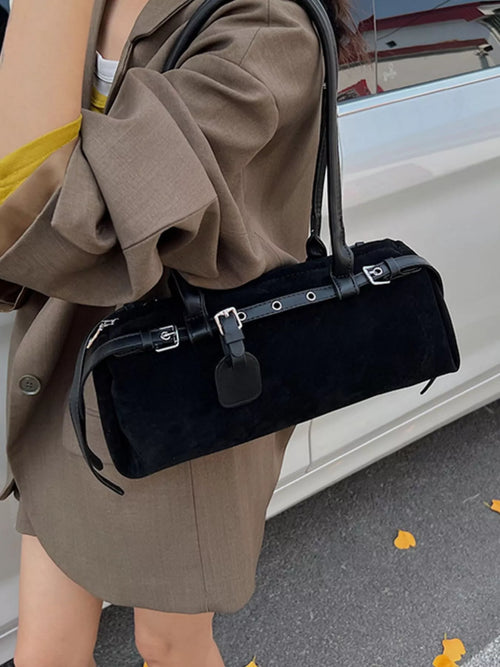Buckle-decor shoulder bag with top handle, dark fabric body, and adjustable strap