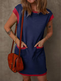 Round neck cap-sleeve mini dress in navy with red trim and pockets