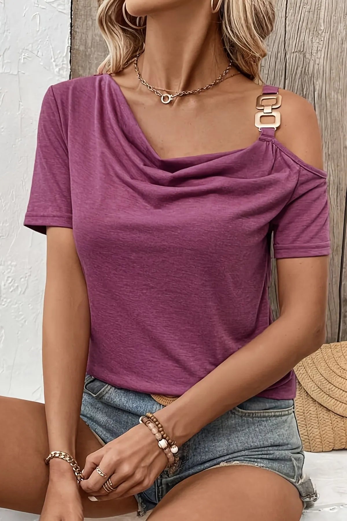 Cedar & Moore Asymmetric Shoulder T-Shirt with Metal Buckle Detail in mauve.