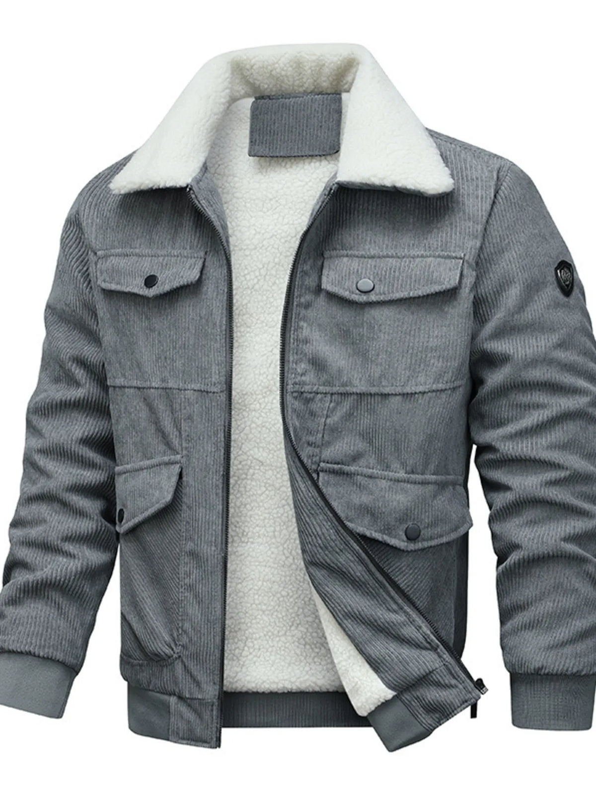 Grey corduroy jacket with plush sherpa lining, front snap pockets and zip